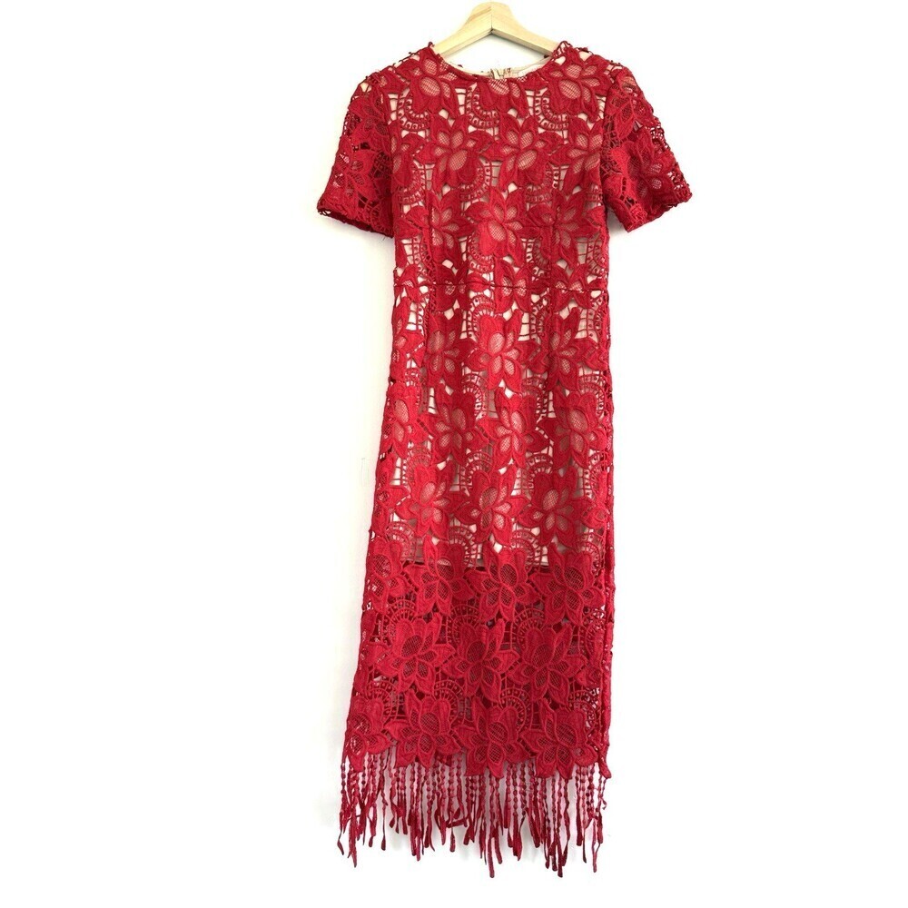 WOMEN RED DRESS FLAPPER LACE SHORT SLEEVE ZIPPER CASUAL SIZE S